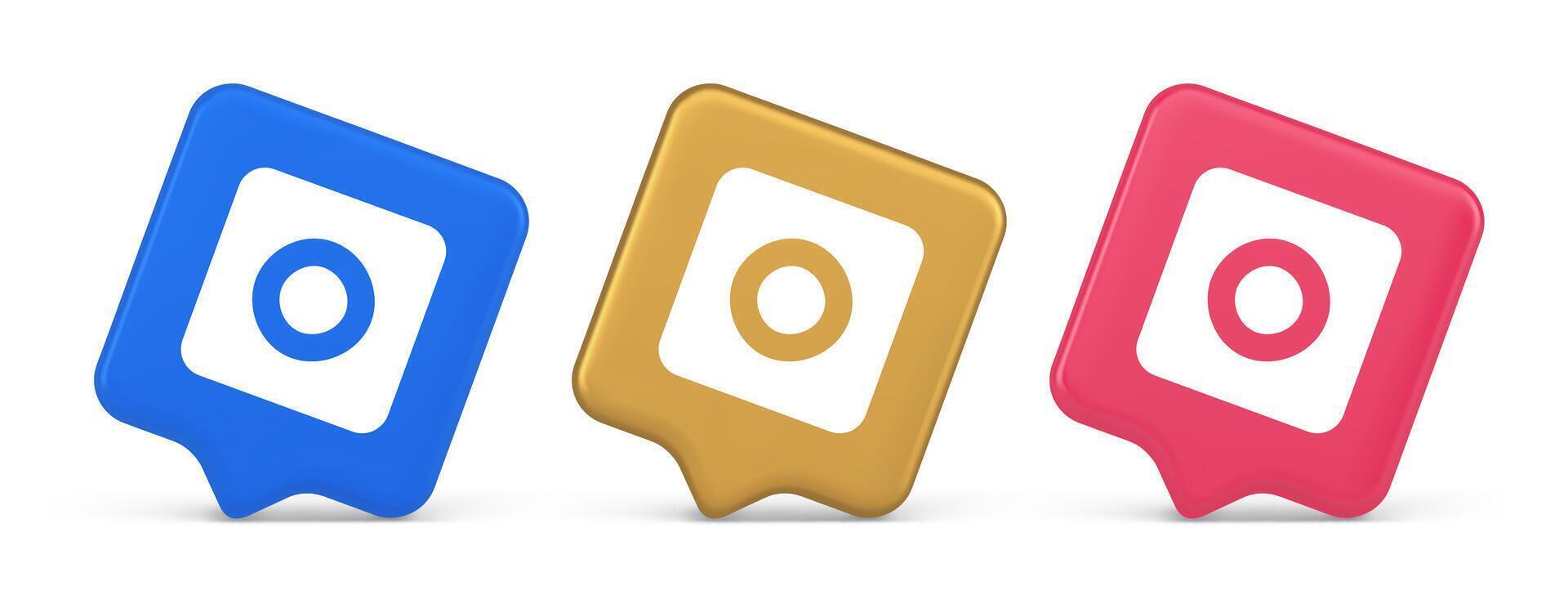 Camera photo shooting button multimedia content creation web application 3d speech bubble icon vector