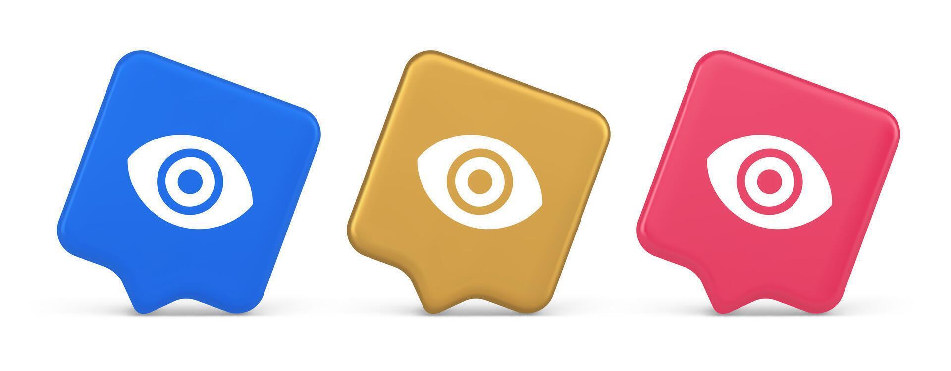 Eye button visibility searching optical lens web application 3d realistic speech bubble icon vector