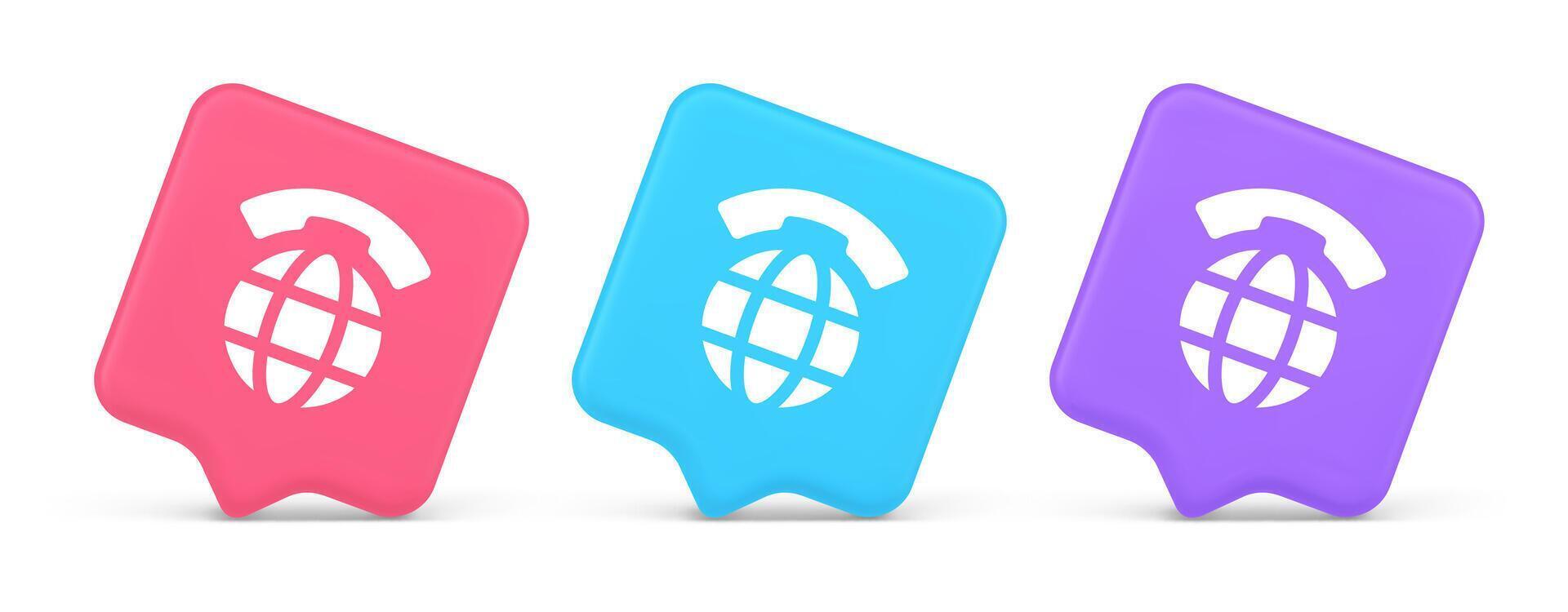 Global communication internet call connection button planet with handset 3d realistic speech bubble icon vector