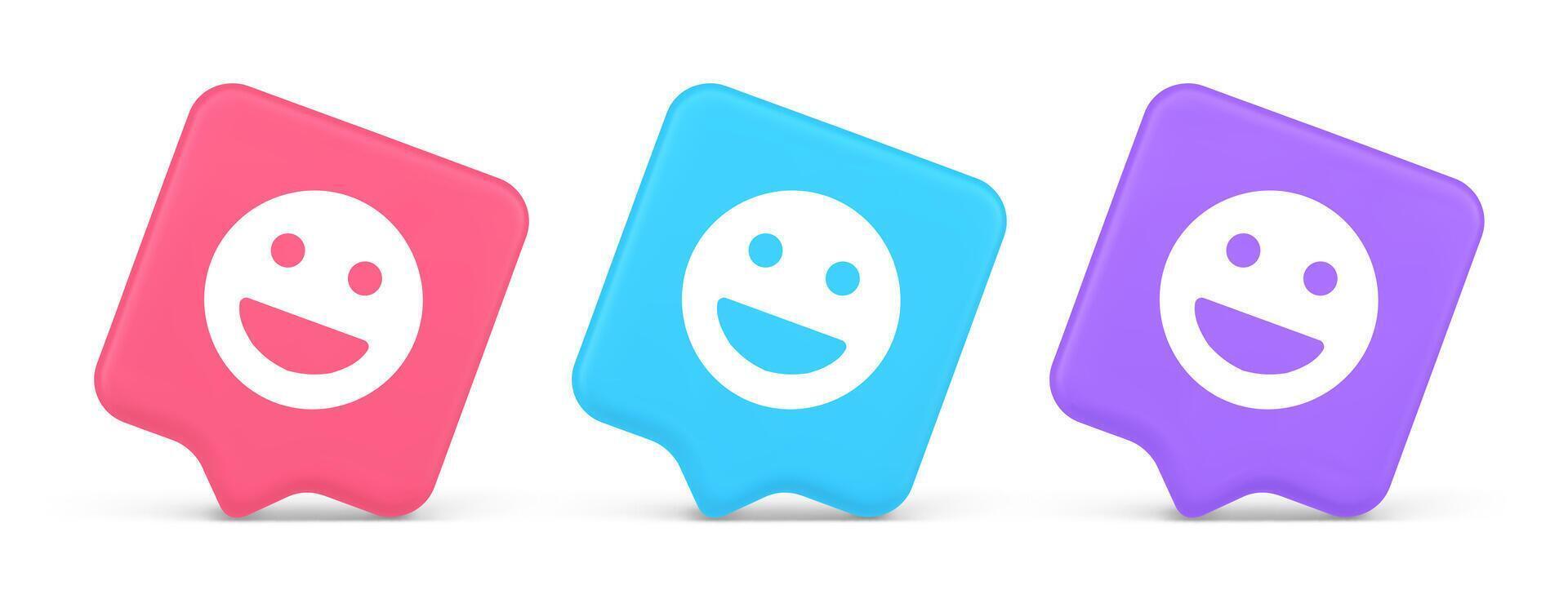Smiley emoticon comic face emoji button laughing social network reaction happy 3d speech bubble icon vector