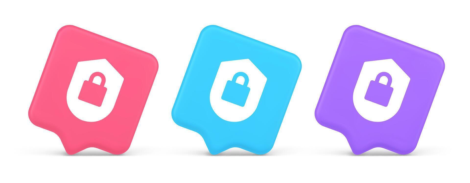 Lock shield security button privacy blocked password service web app 3d realistic speech bubble icon vector