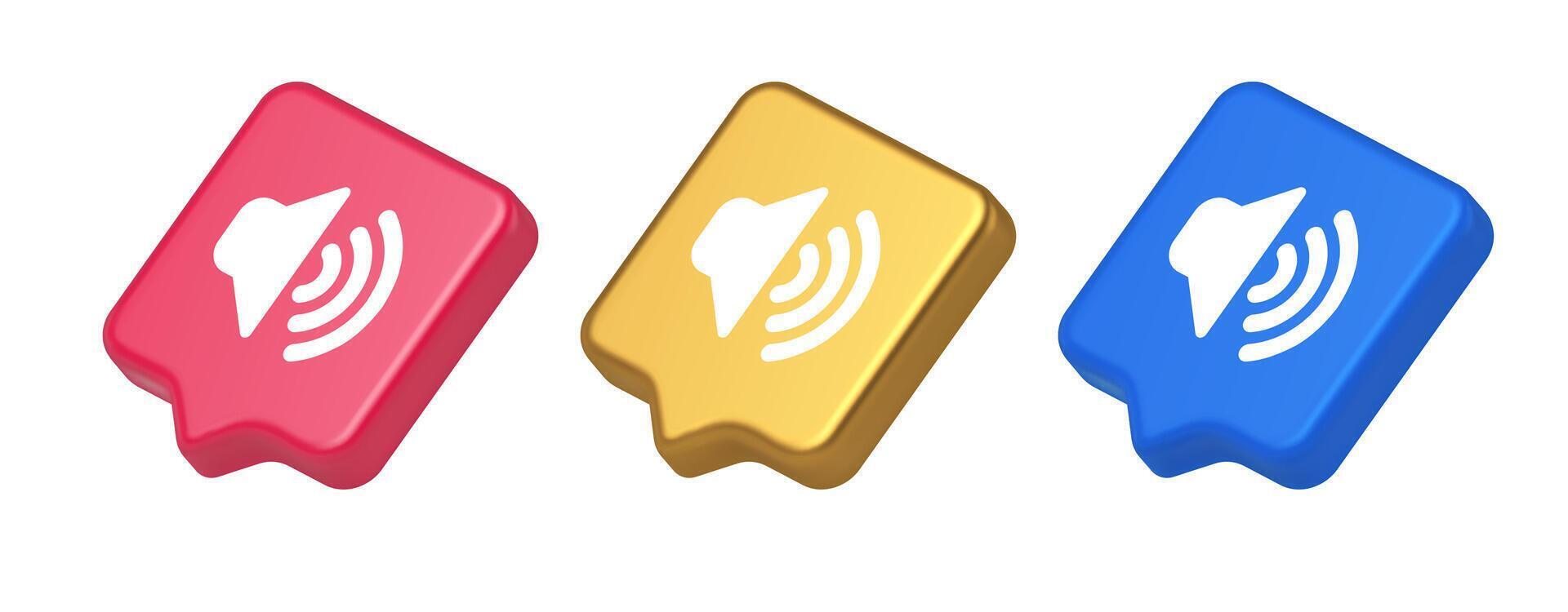 Volume sound button speaker acoustic level noise wave control 3d realistic speech bubble icon vector