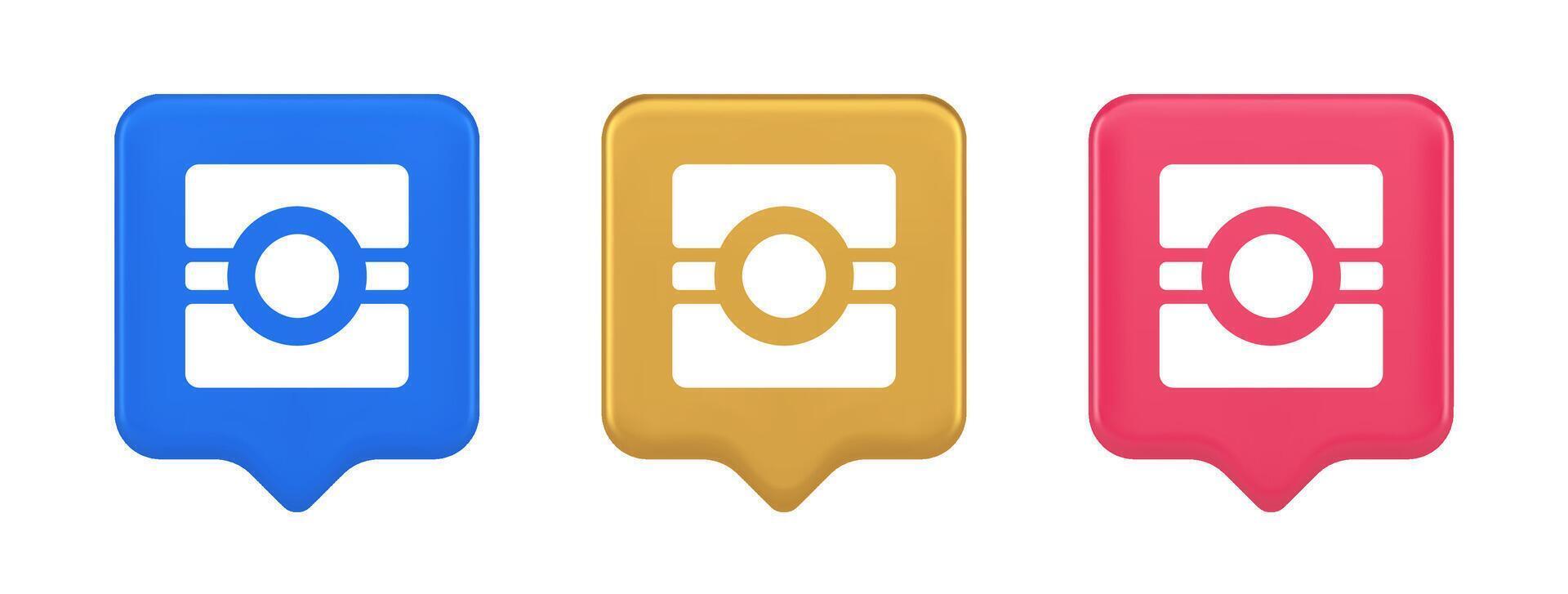 Camera photo application button multimedia photograph service 3d realistic speech bubble icon vector