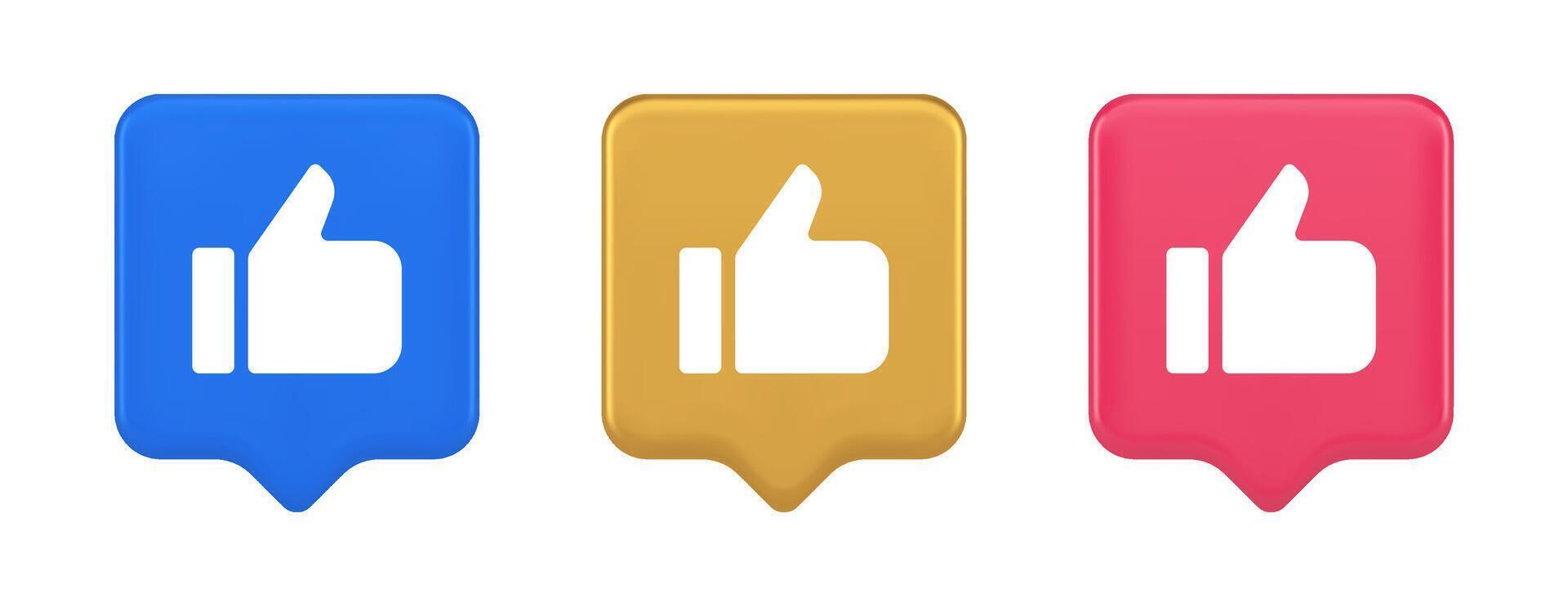 Like thumb up approve rating button confirmation cool website networking 3d realistic speech bubble icon vector