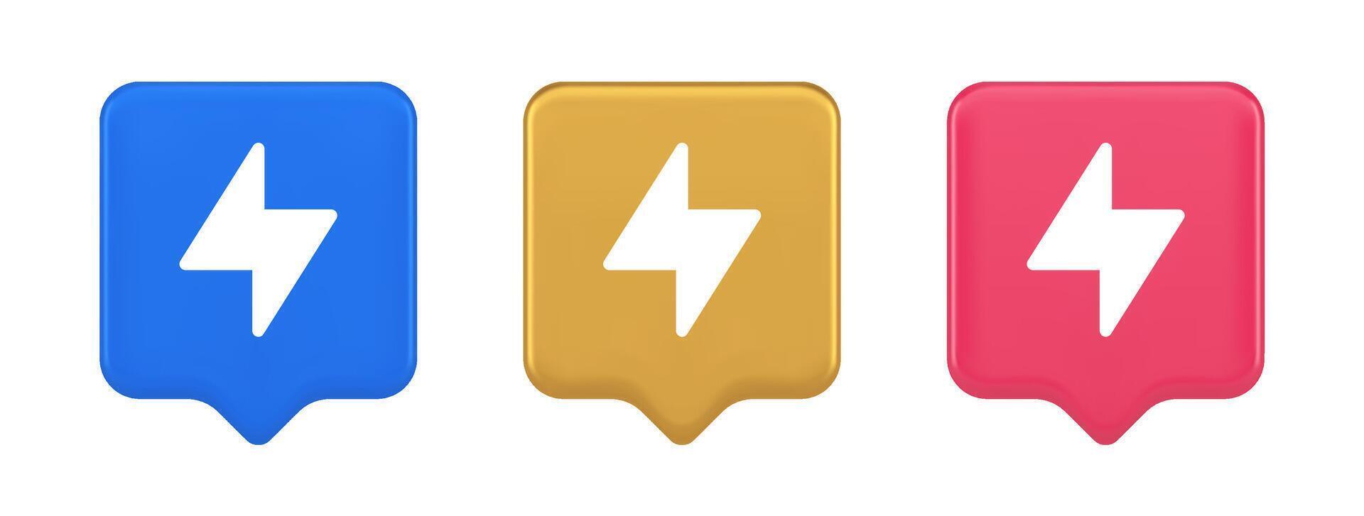Charge power lightning button electricity thunderbolt arrow 3d realistic speech bubble icon vector