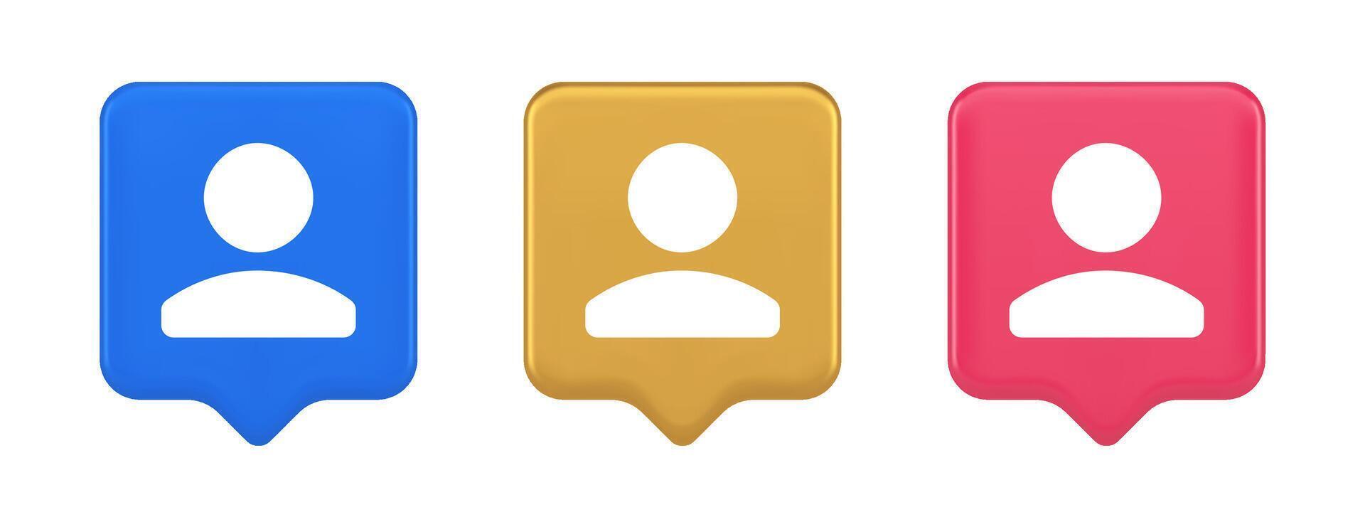 User person human contact button cyberspace account information web app 3d realistic speech bubble icon vector