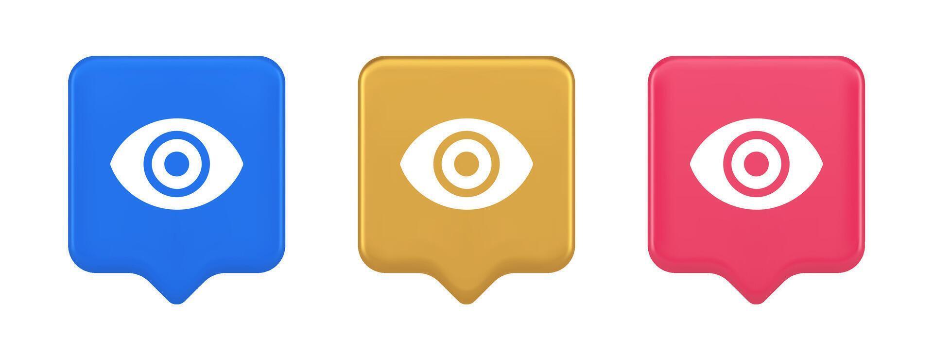 Eye button visibility searching optical lens web application 3d realistic speech bubble icon vector