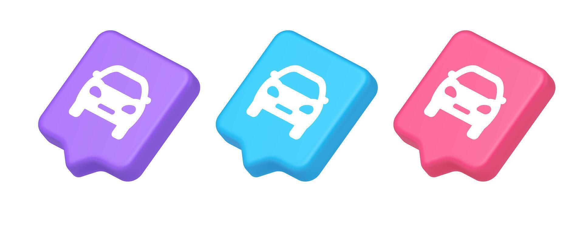Car automobile button urban travel traffic transportation drive rent repair 3d realistic speech bubble isometric icon vector