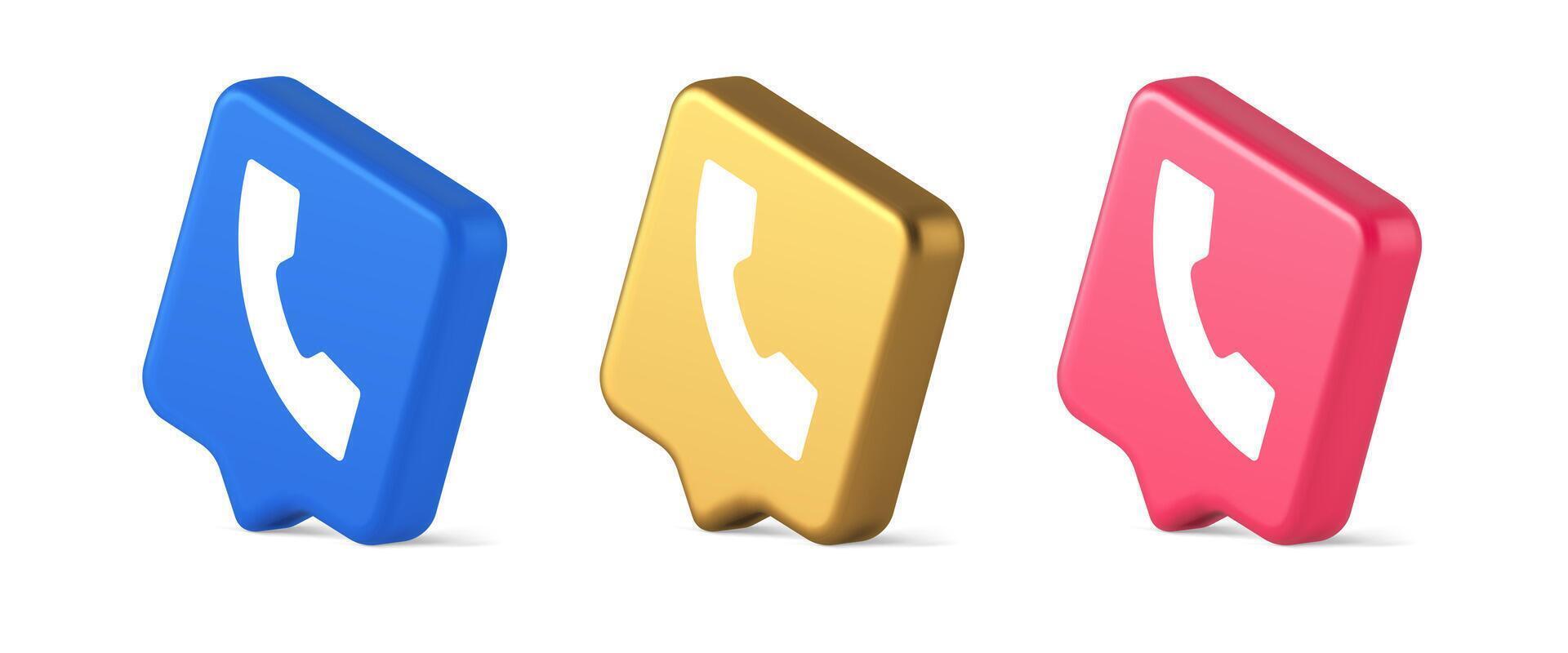 Helpline hotline call center phone handset squared button 3d realistic speech bubble isometric icon vector