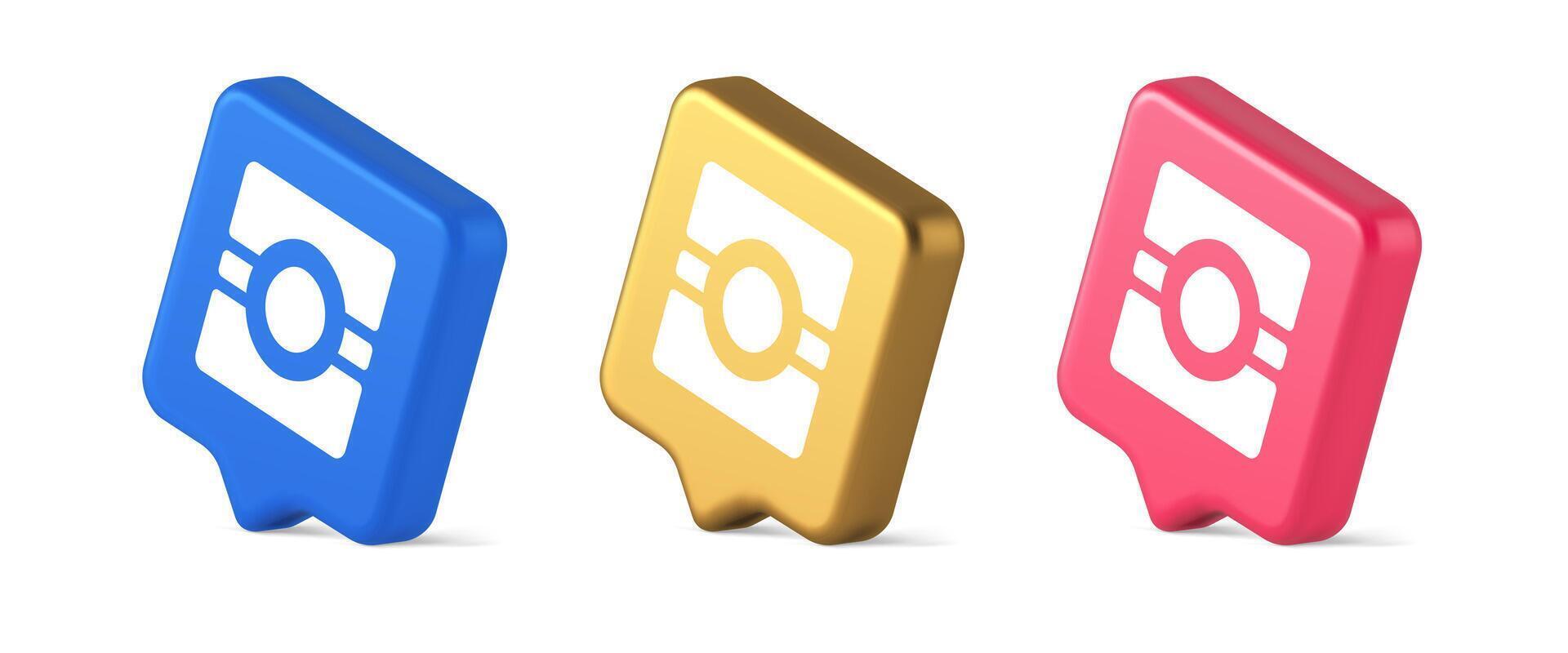 Camera photo application button multimedia photograph service 3d realistic speech bubble isometric icon vector