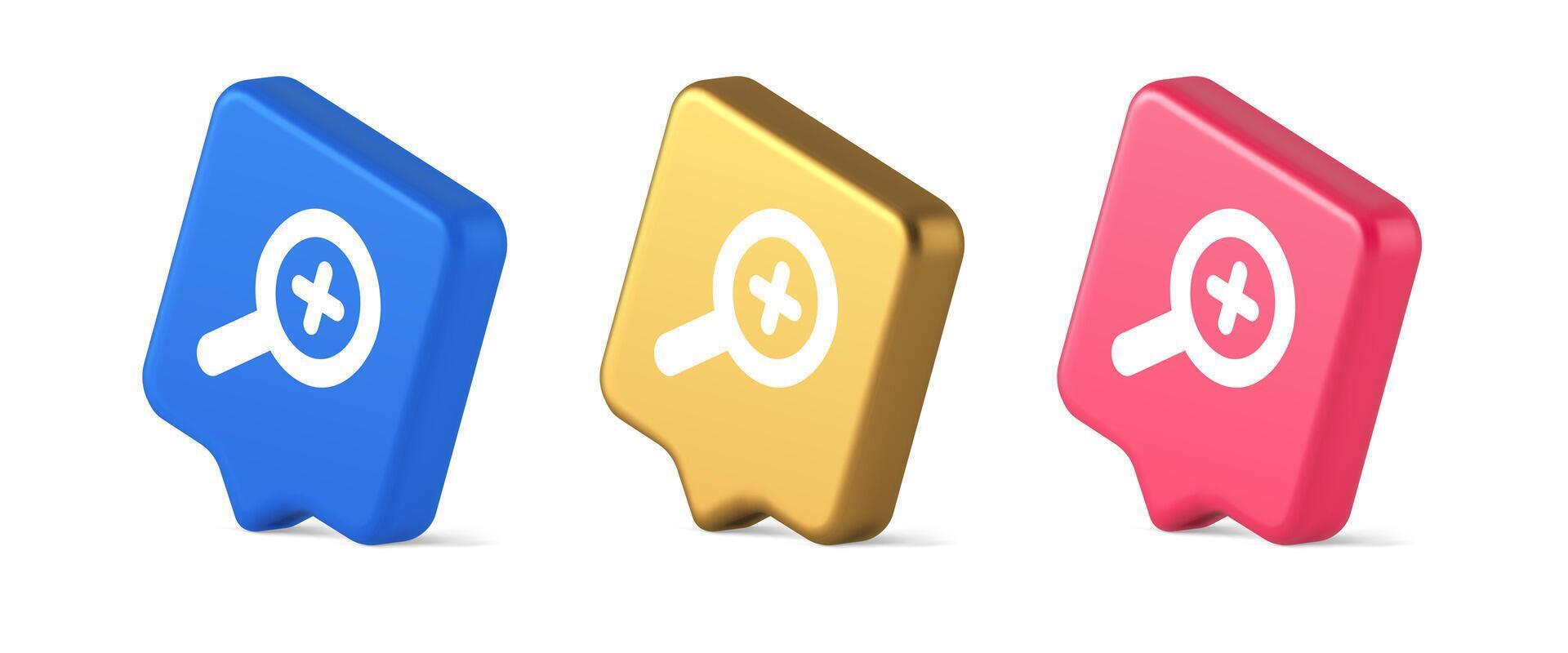 Zoom search cyberspace information button discovery magnifying glass plus 3d realistic speech bubble isometric icon vector