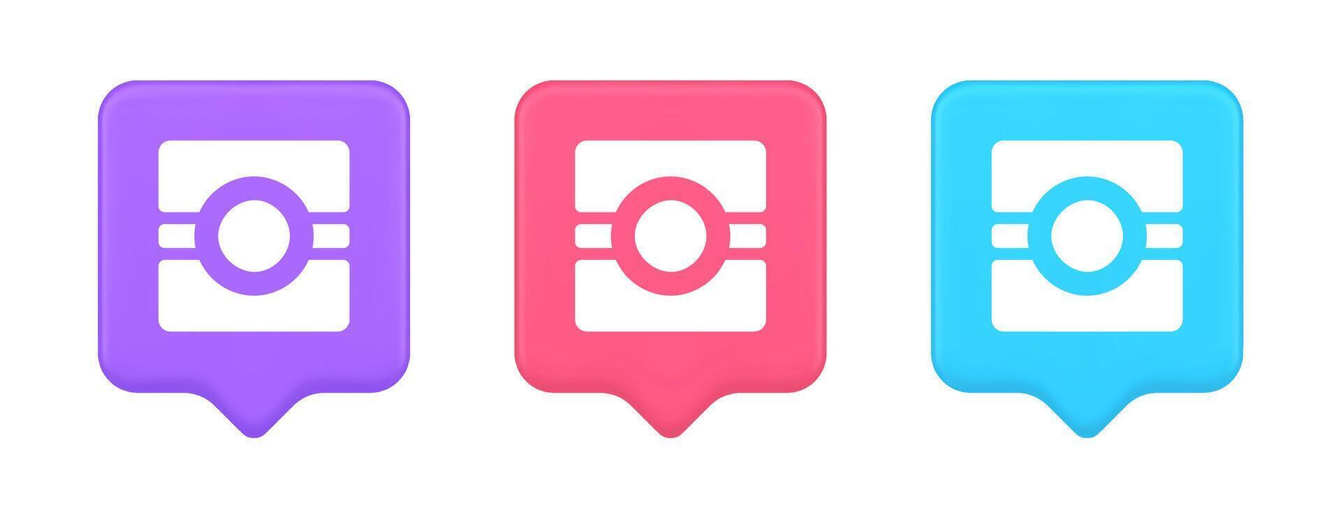 Camera photo application button multimedia photograph service 3d realistic speech bubble icon vector