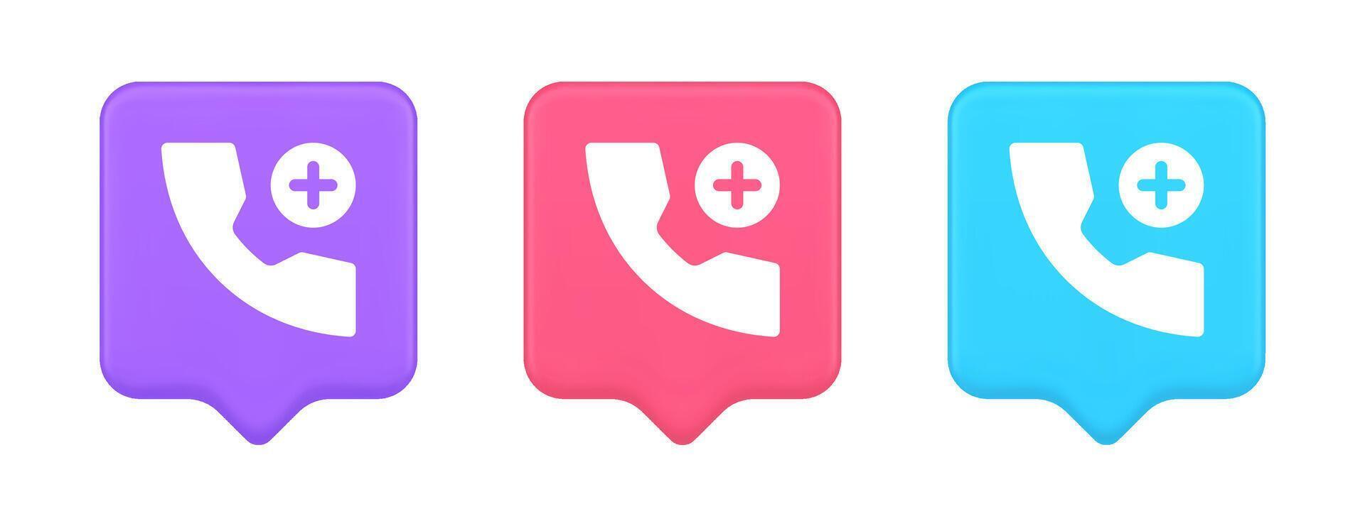 Phone call add contact communication button voice conversation web interface app 3d speech bubble icon vector