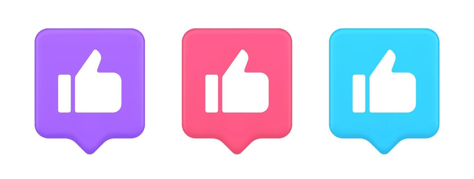 Like thumb up approve rating button confirmation cool website networking 3d realistic speech bubble icon vector