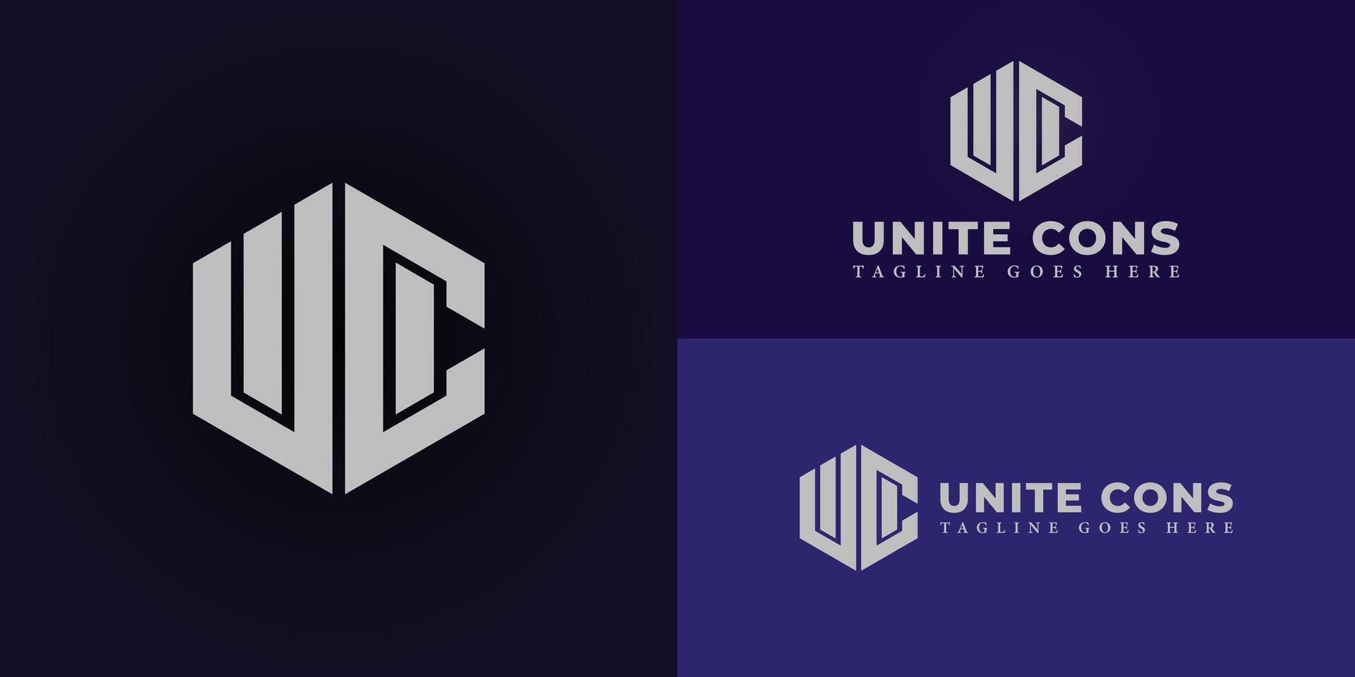 Abstract initial hexagon letters UC or CU logo in silver-white color isolated on multiple background colors. The logo is suitable for property and construction company logo design inspiration template vector