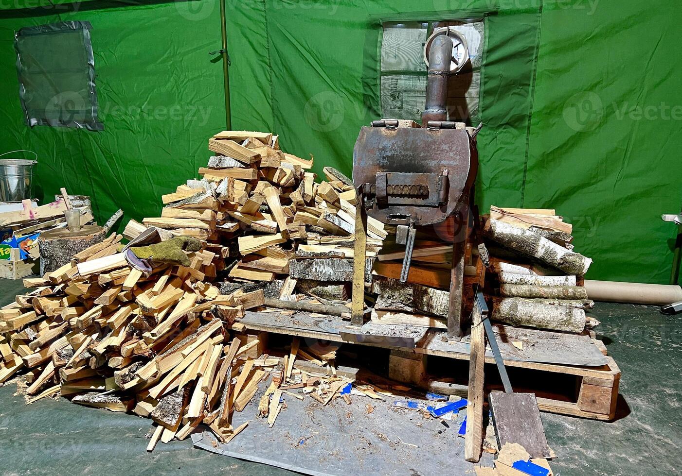 Green tent tent in the city center. Russia attacked Ukraine war point of invincibility Indestructibility Point with Starlink internet, electricity, heat and water serves for people of town on photo
