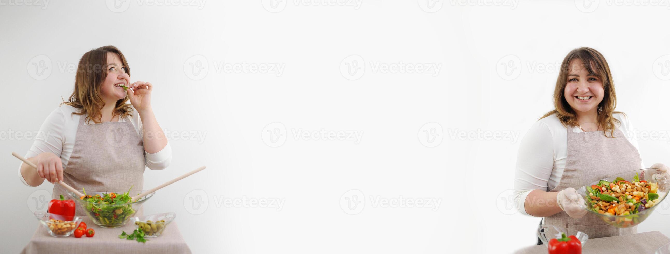 photo collage with empty space for advertisment curvy woman preparing salad Diet and Healthy concept. Nutritionist holding bunch of fresh vegetbles in her office, panorama with copy space