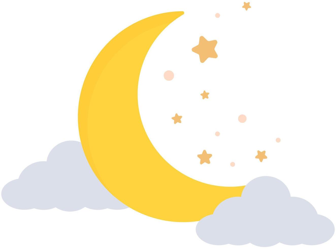 Crescent moon, golden stars and blue clouds isolated on white background. vector