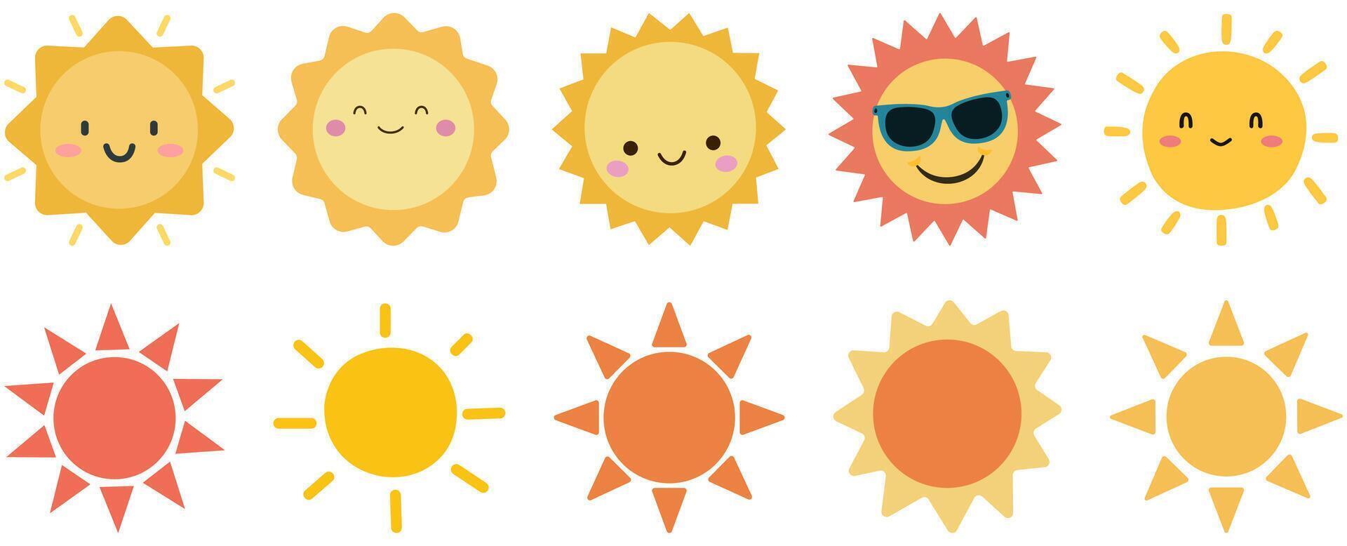 Cute sun icon set isolated on white background. vector