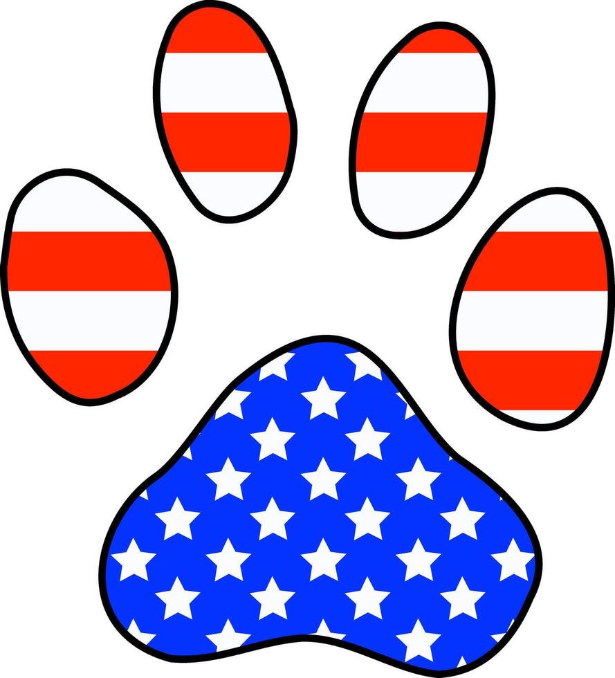 4th of July Puppy Paw Shape. Kitten Paw Design. 4th of July Cat. Dog Paw Graphic in USA Flag Colour. American Flag Design for Independence Day. Animal Illustration. Memorial Day Star Banner. vector