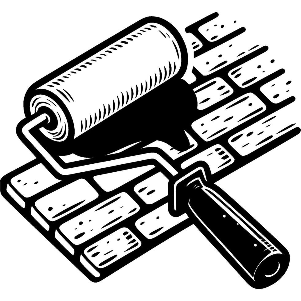 Paint roller applies paint to wall in monochrome. Painting repair work. Simple minimalistic in black ink drawing on white background vector