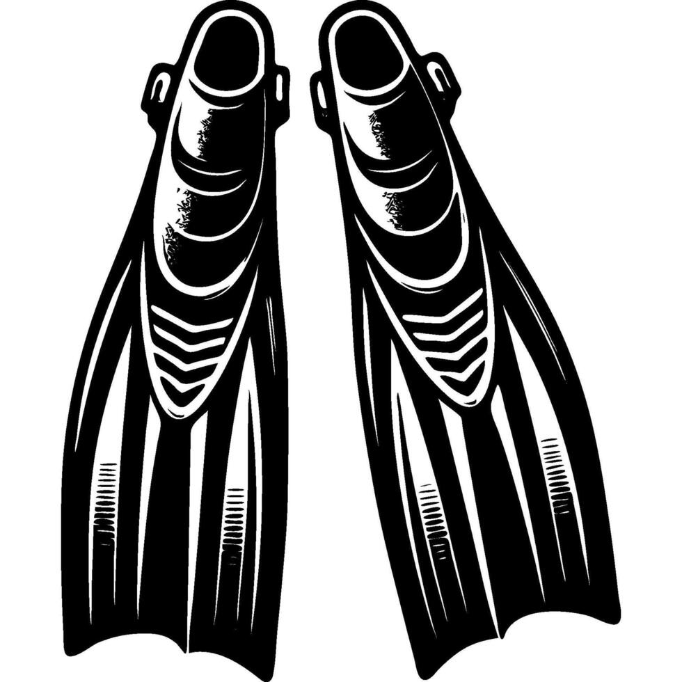 Professional rubber flipper for deep sea diving in monochrome. Professional free diver equipment. Simple minimalistic in black and white drawing on white background vector
