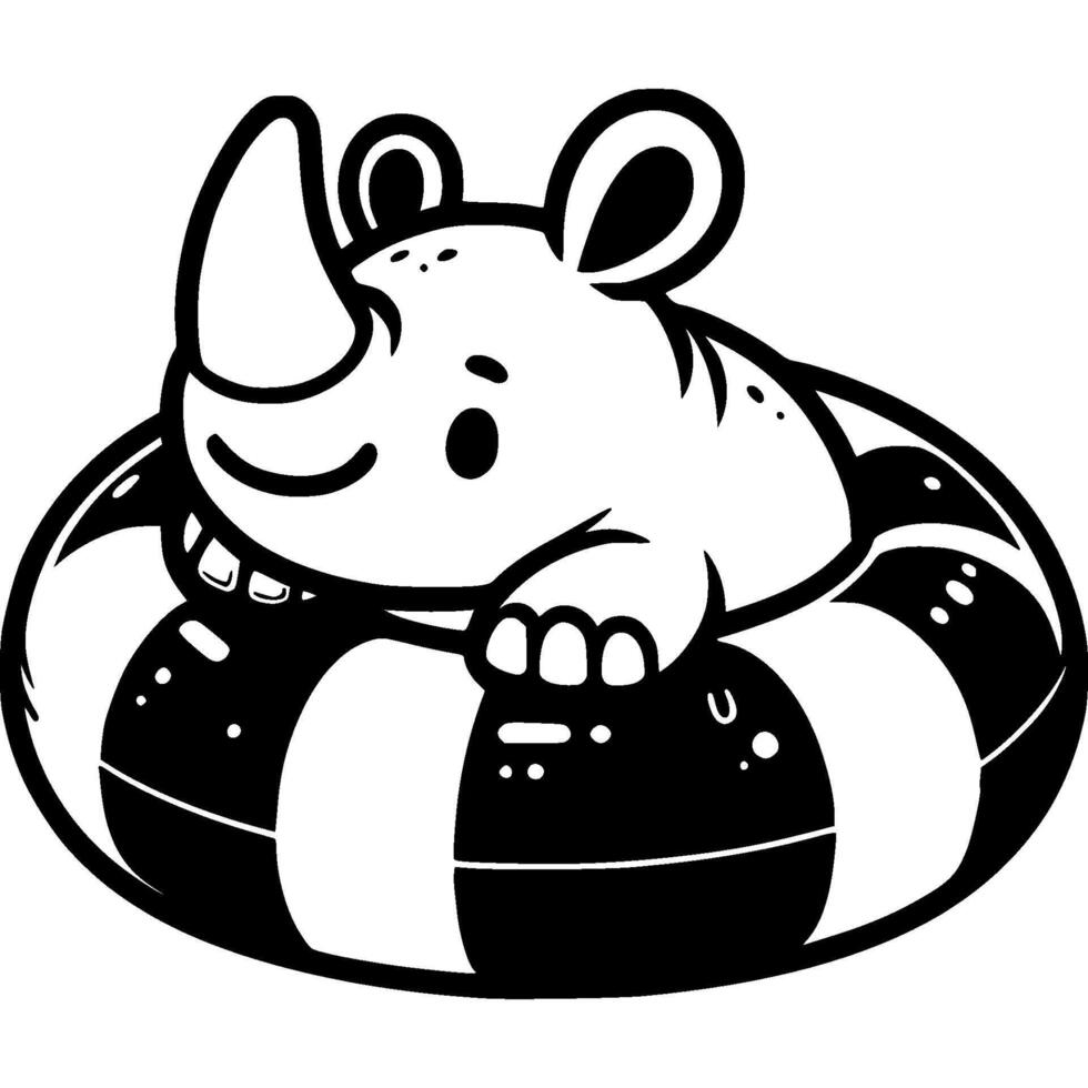 Small rhinoceros child learns to swim on lifebuoy in monochrome. Rules of conduct for children in open water. Simple minimalistic in black ink drawing on white background vector