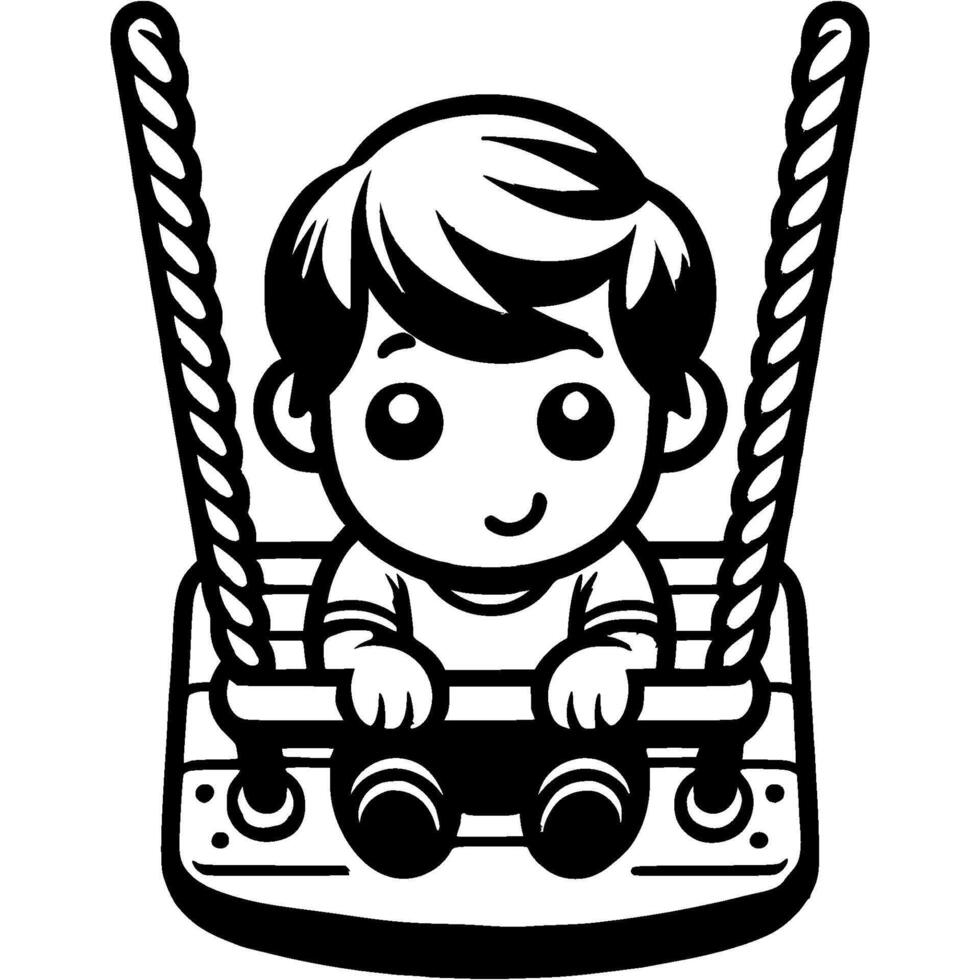Little boy rides on wooden swing in monochrome. Children summer fun in yard. Simple minimalistic in black ink drawing on white background vector