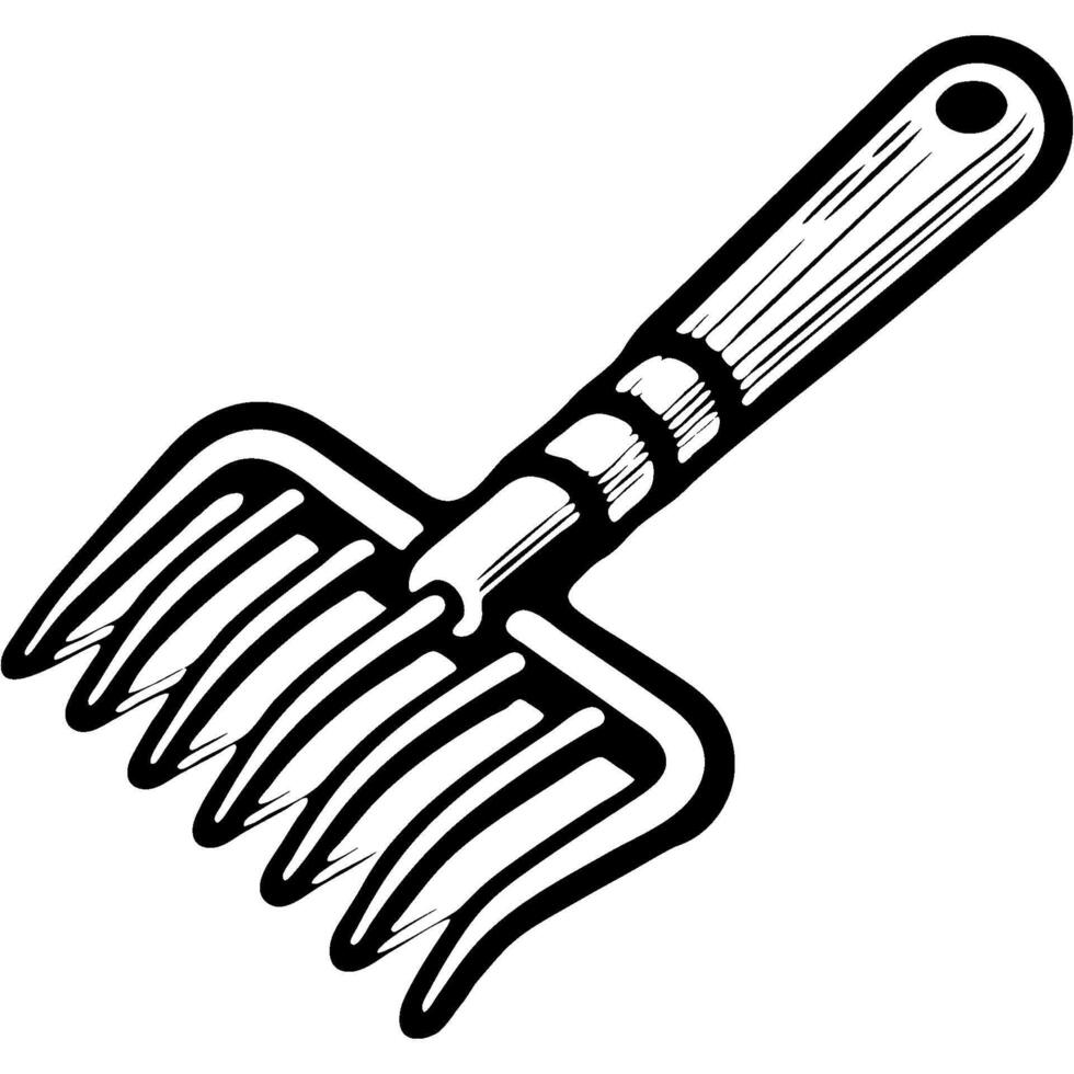 Small garden rake with wooden handle in monochrome. Farm garden tool for loosening soil. Simple minimalistic in black ink drawing on white background vector