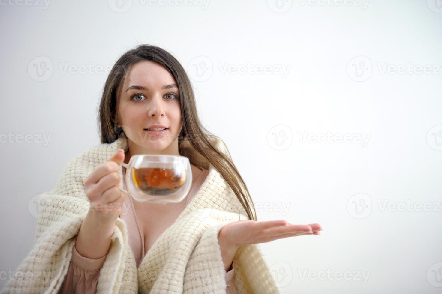 Positive american girl entrepreneur hold mug beverage point index finger copyspace select ads promotion wear plaid checkered jacket blazer suit isolated pink pastel color background photo