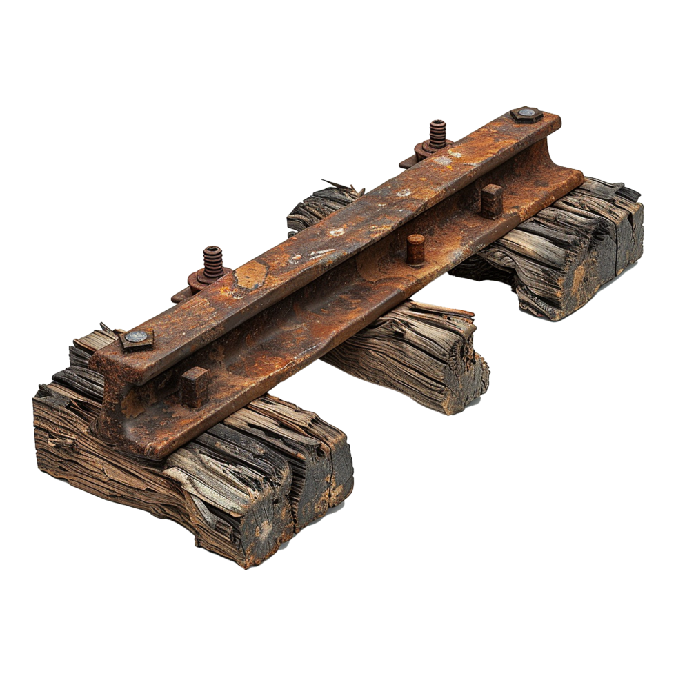 A piece of train track has rusted and has a piece of wood underneath isolated on transparent background png