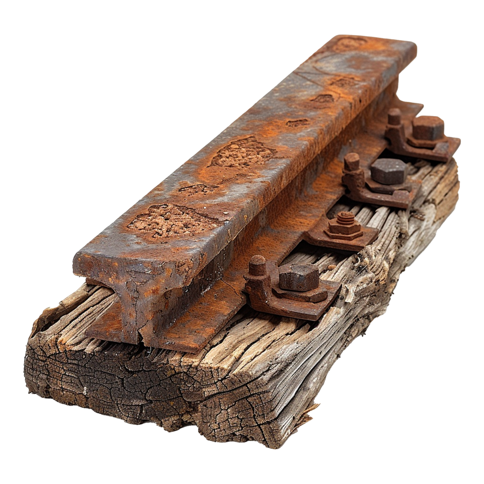 A piece of train track has rusted and has a piece of wood underneath isolated on transparent background png
