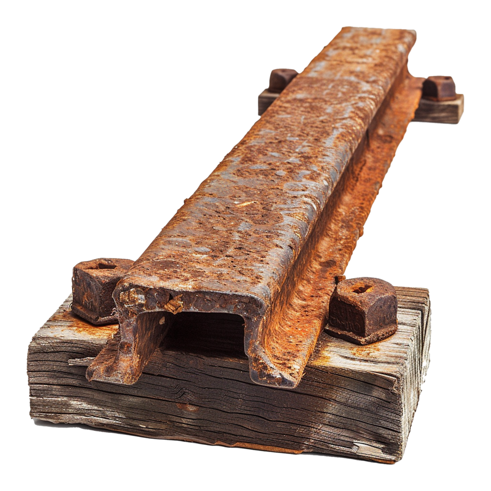 A piece of train track has rusted and has a piece of wood underneath isolated on transparent background png