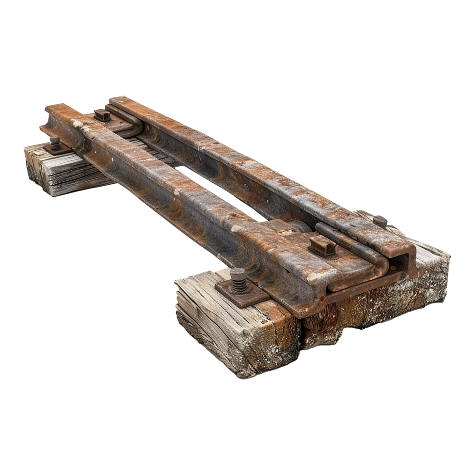 A piece of train track has rusted and has a piece of wood underneath isolated on transparent background png