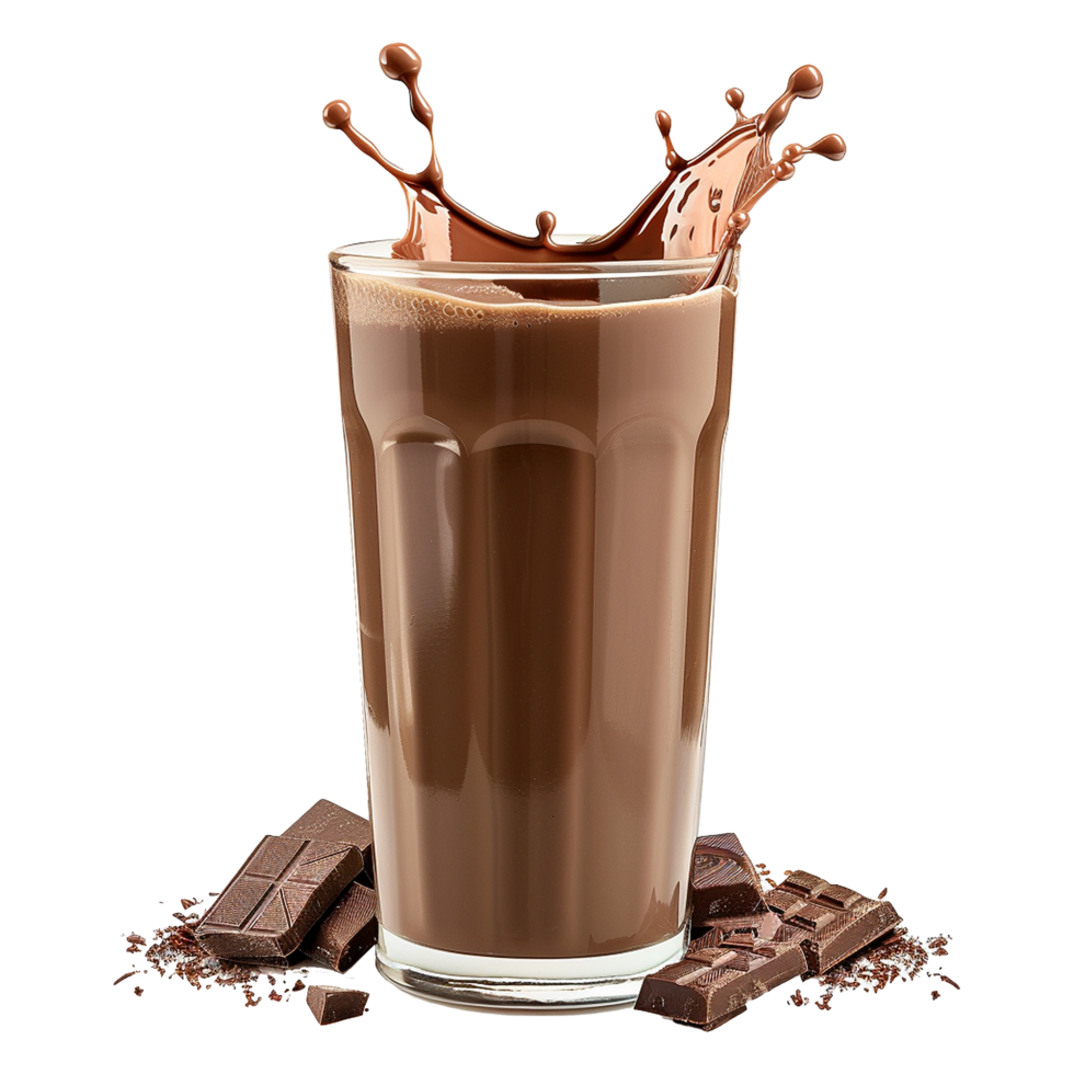 Chocolate milk in a glass with chocolate splashes isolated on transparent background png