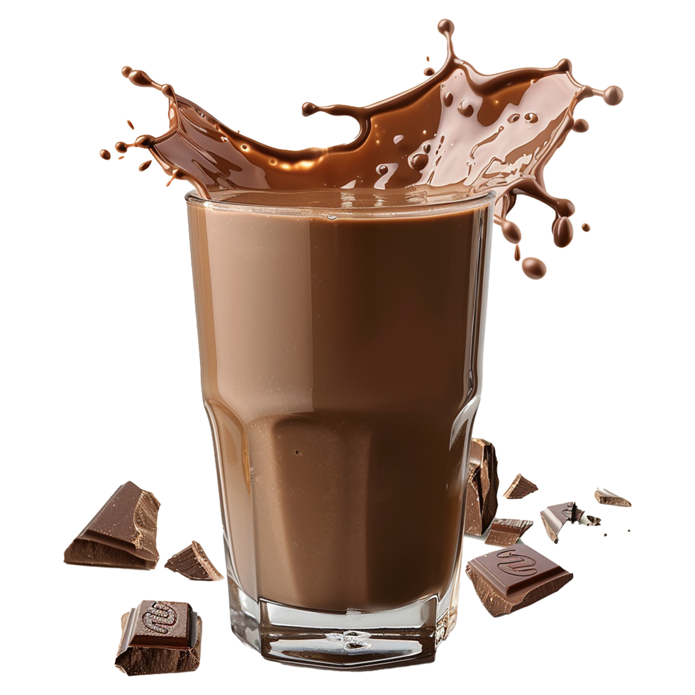 Chocolate milk in a glass with chocolate splashes isolated on transparent background png