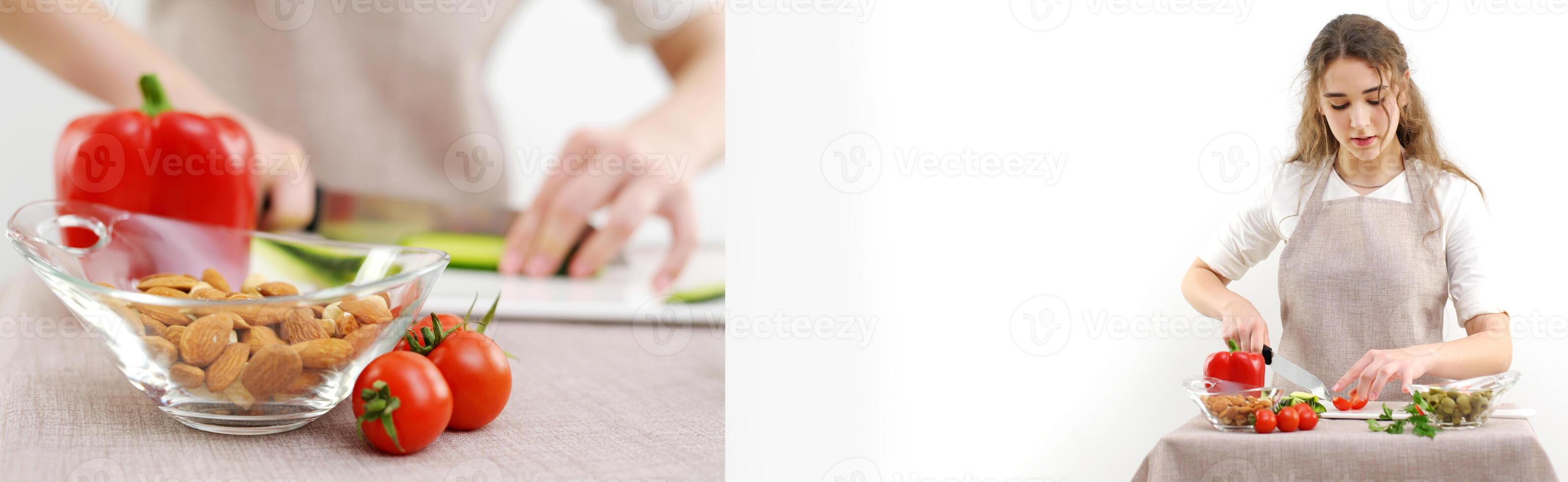 young beautiful teenage girl stirs diligently salad she leaned over bowl little smiling green lettuce leaves tablecloth beige color restaurant food cooking show delicious breakfast salad for lunch photo