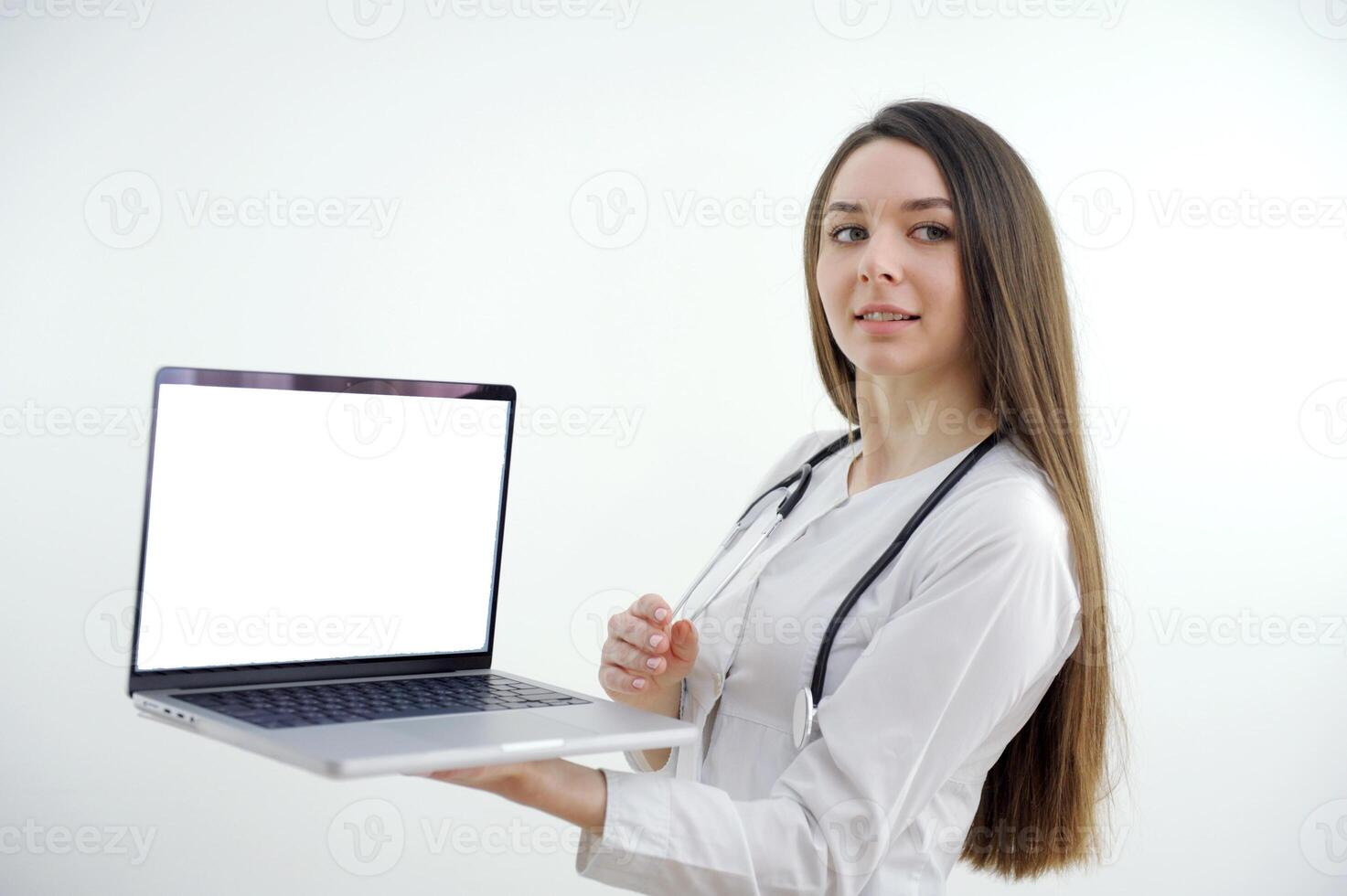 banner girl with laptop in headphones communicates online conference with friends waving a lot of space for text ad gadgets online courses internet social networks Web studio woman beautiful teeth photo