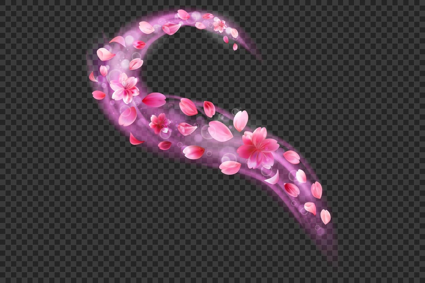 flying sakura petals. Shiny Flower decoration on black background. vector