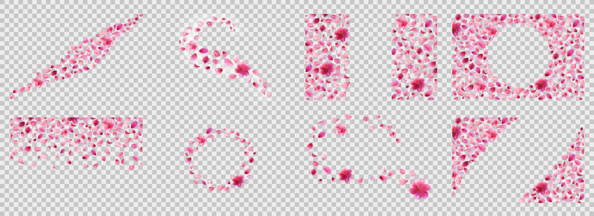 Sakura petals compositions set. Flower decoration on transparent background. Swirl, wave, side area, round, horizontal and vertical, corner. vector