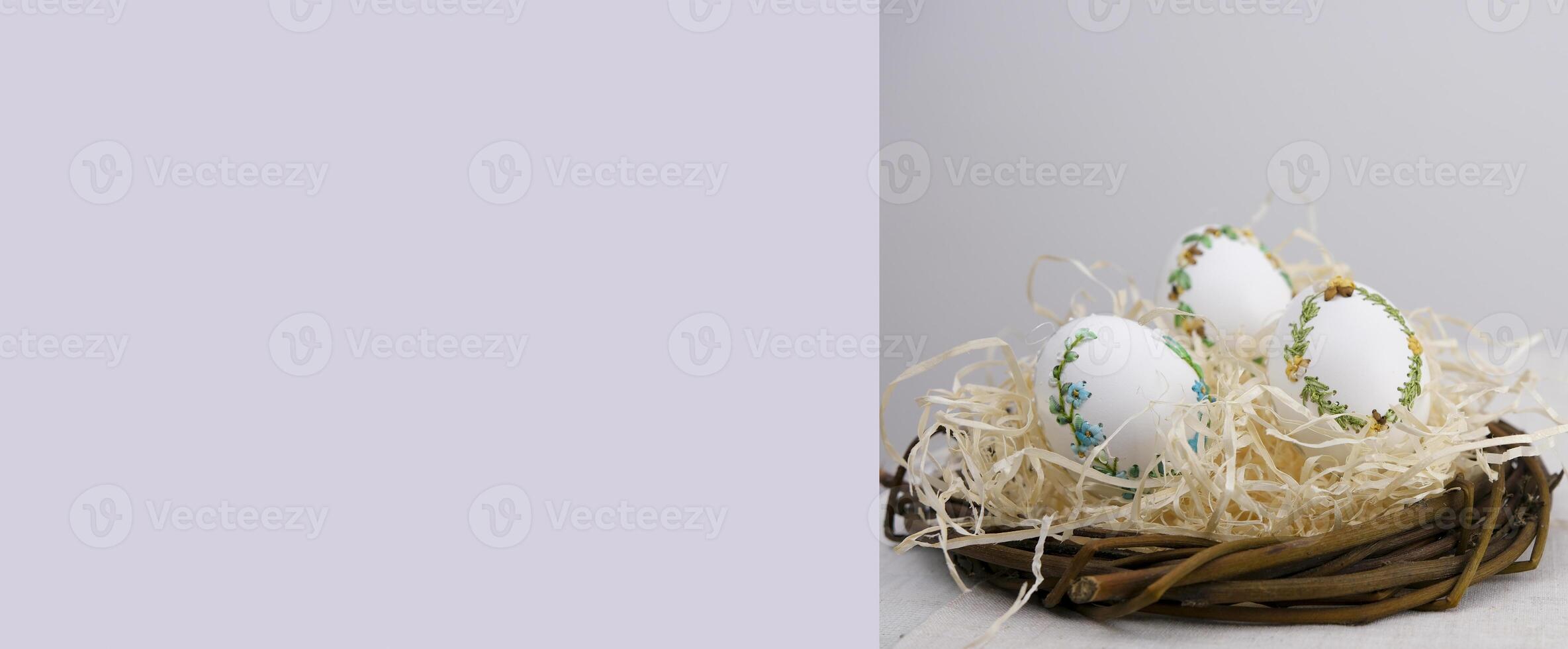 lavender background postcard baner calendar empty space holiday easter eggs embroidery ribbons on eggshell krashanka photo