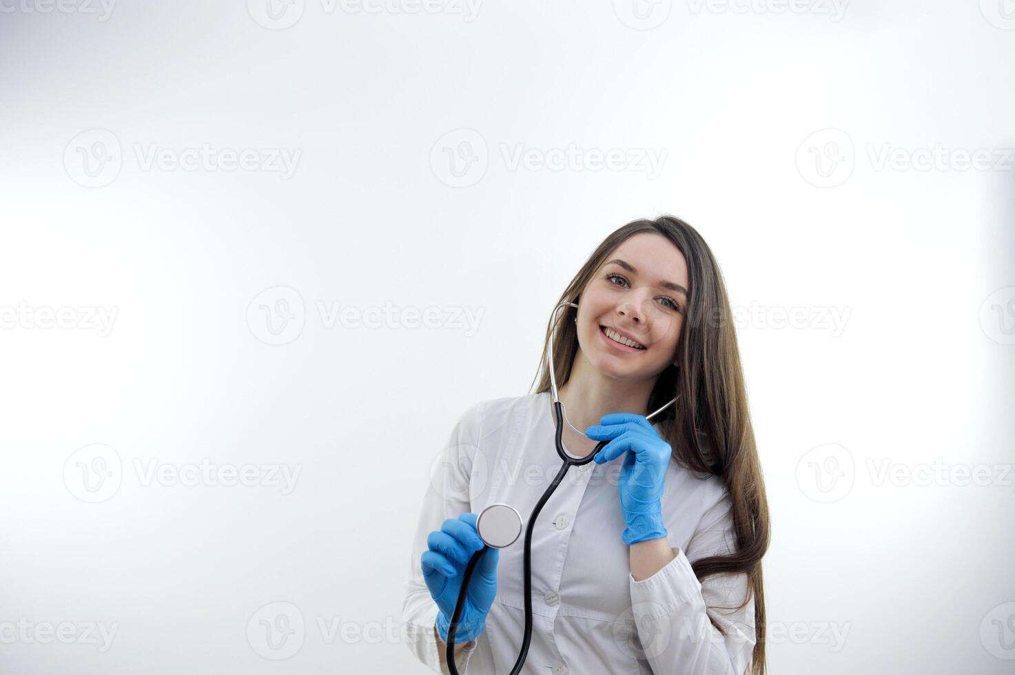 blurry background,Young asia woman doctor hold stethoscope ,show for check health. photo