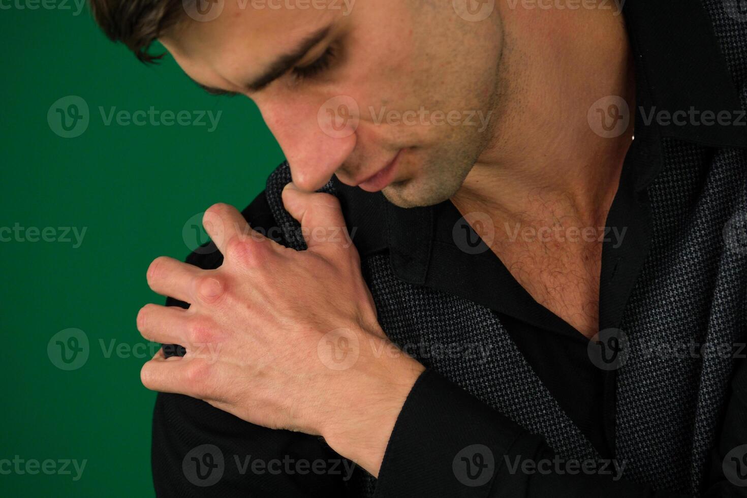 People, healthcare and problem concept unhappy man suffering from neck or shoulder pain at home photo