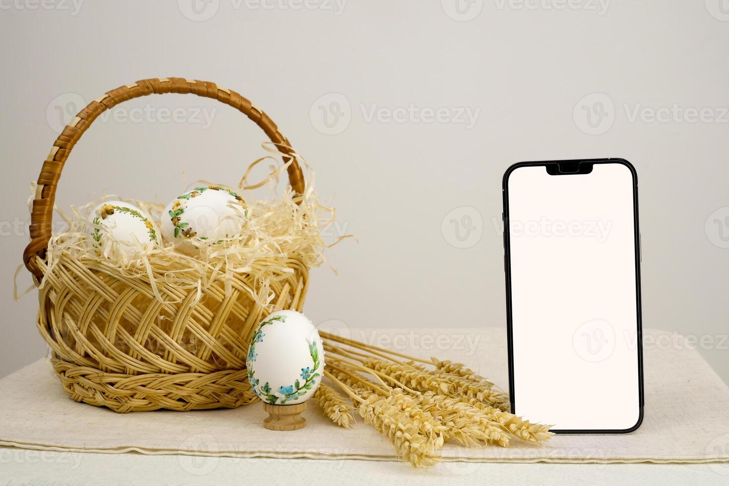 Basket with easter eggs lavender background postcard baner calendar empty space holiday easter eggs embroidery ribbons on eggshell krashanka Colorful easter eggs in the basket closeup photo