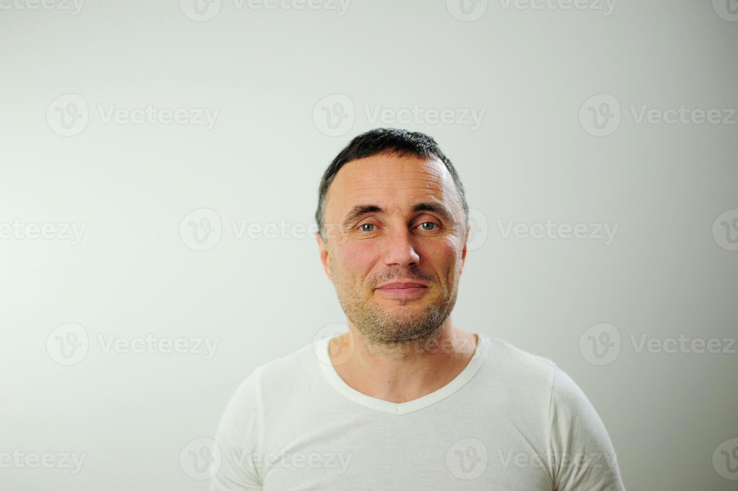 handsome man Portrait of happy casual older man smiling, Mid adult, mature age guy with gray hair in glasses, Isolated on white background, copy space photo