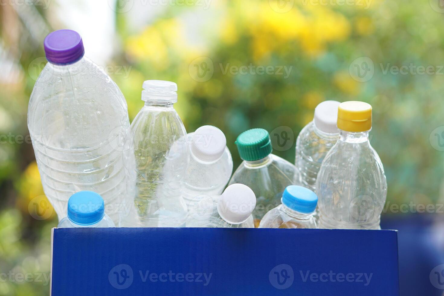 Plastic bottles in blue box Concept, sorting garbage campaign before throw away for reuse or recycle. Environment conservation. Eco friendly activity. photo
