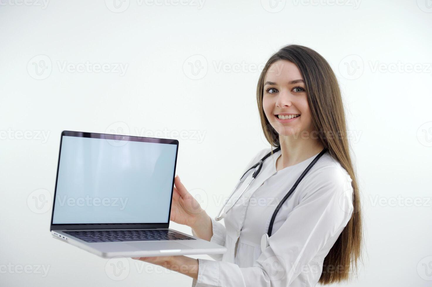 Young female scientist presents experiment result of molecular test. isolated on white photo