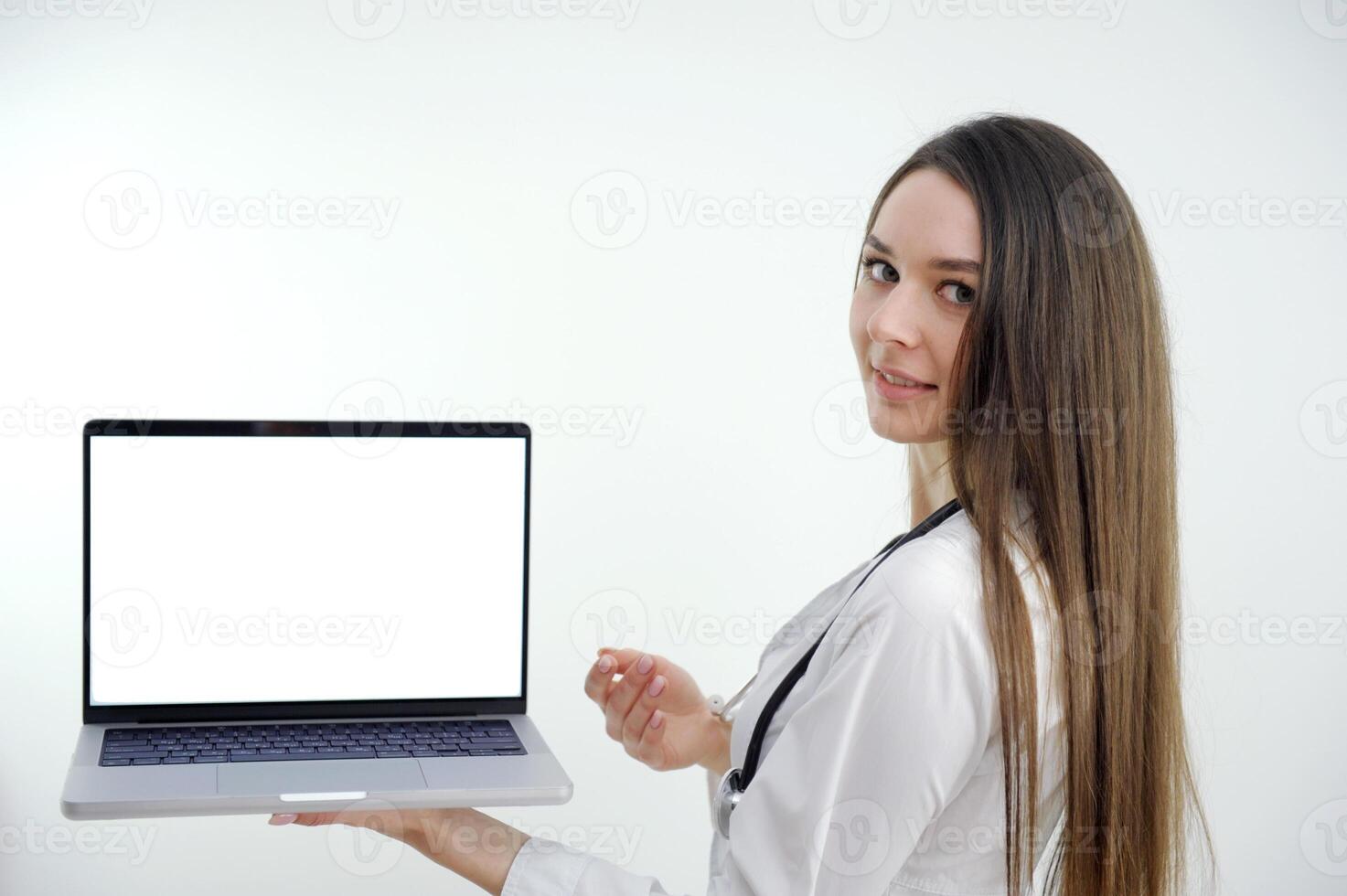 banner girl with laptop in headphones communicates online conference with friends waving a lot of space for text ad gadgets online courses internet social networks Web studio woman beautiful teeth photo