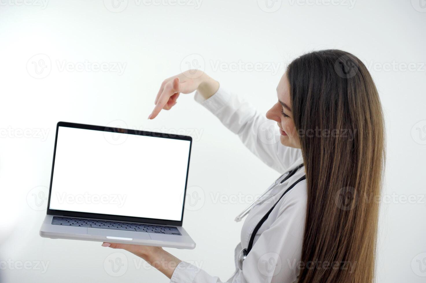 Female doctor making call on laptop mock up screen with patient photo