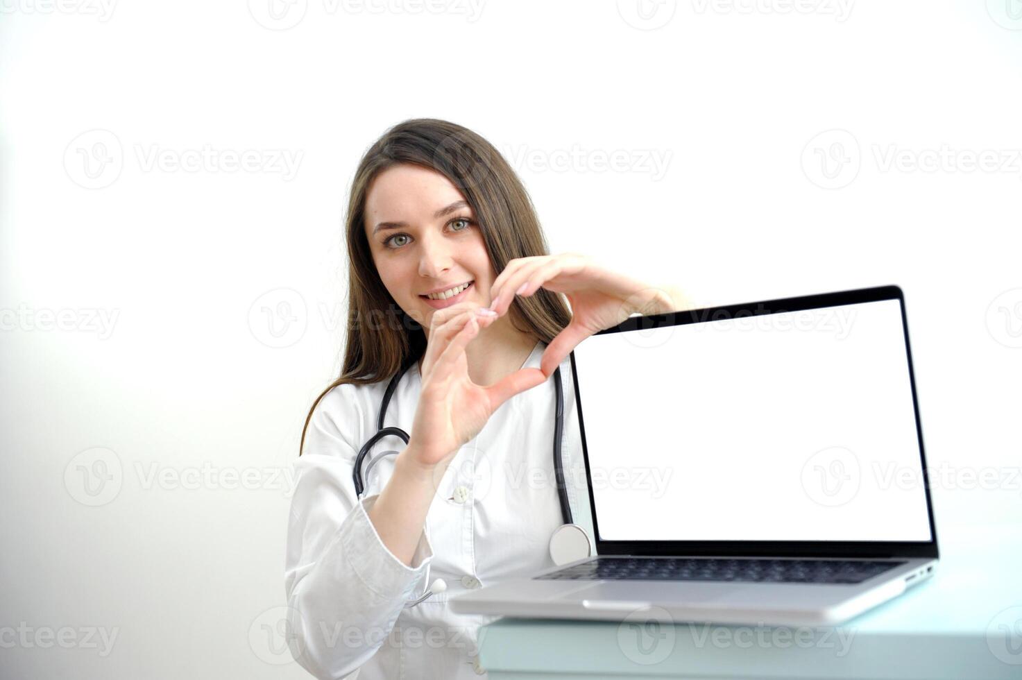 Cheerful young female doctor showing clipboard with copyspace for text or design, isolated over white background photo